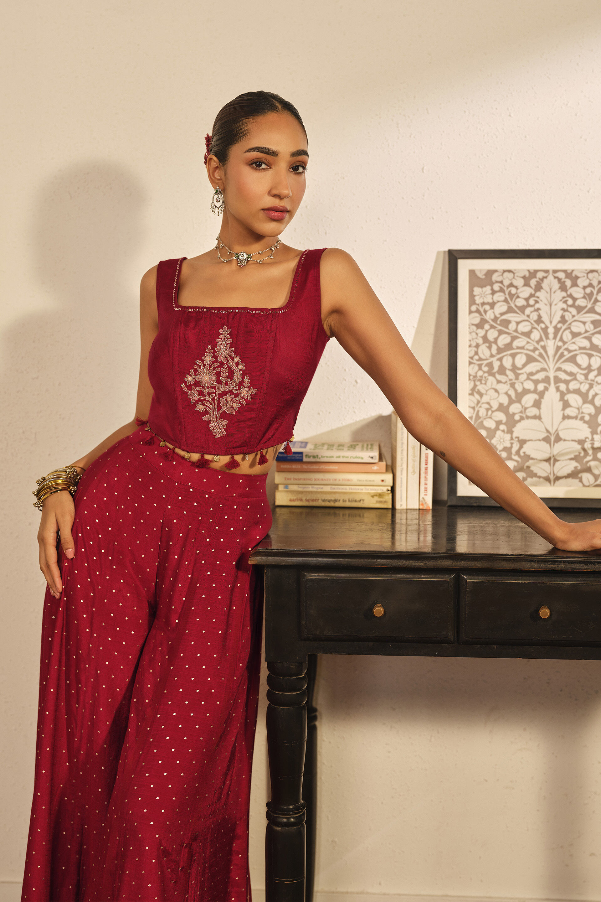 Embroidered Crop Top in Red, Red, image 2